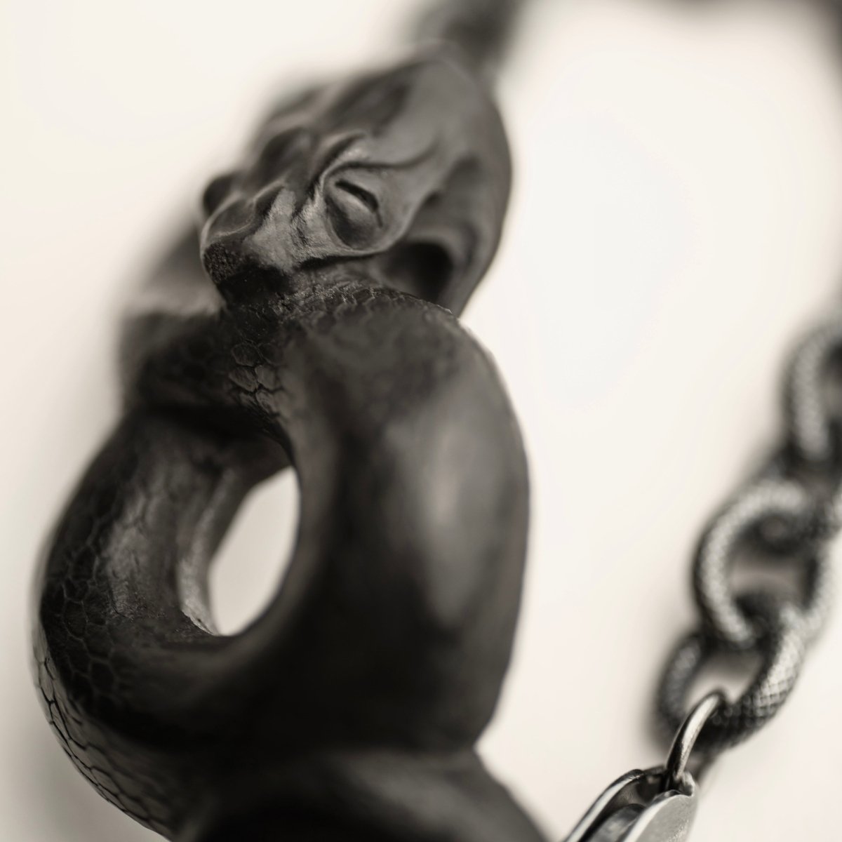Black Snake bracelet close up focused on the eye of the snake, chain is blurry