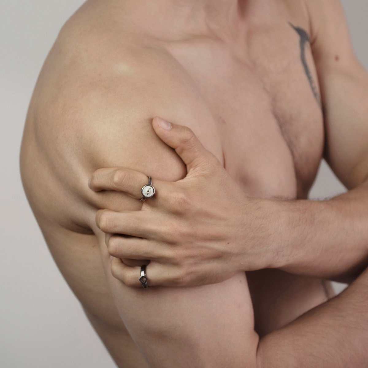 Gothic Clover Ring styled on a male model with other Macabre Gadgets ring
