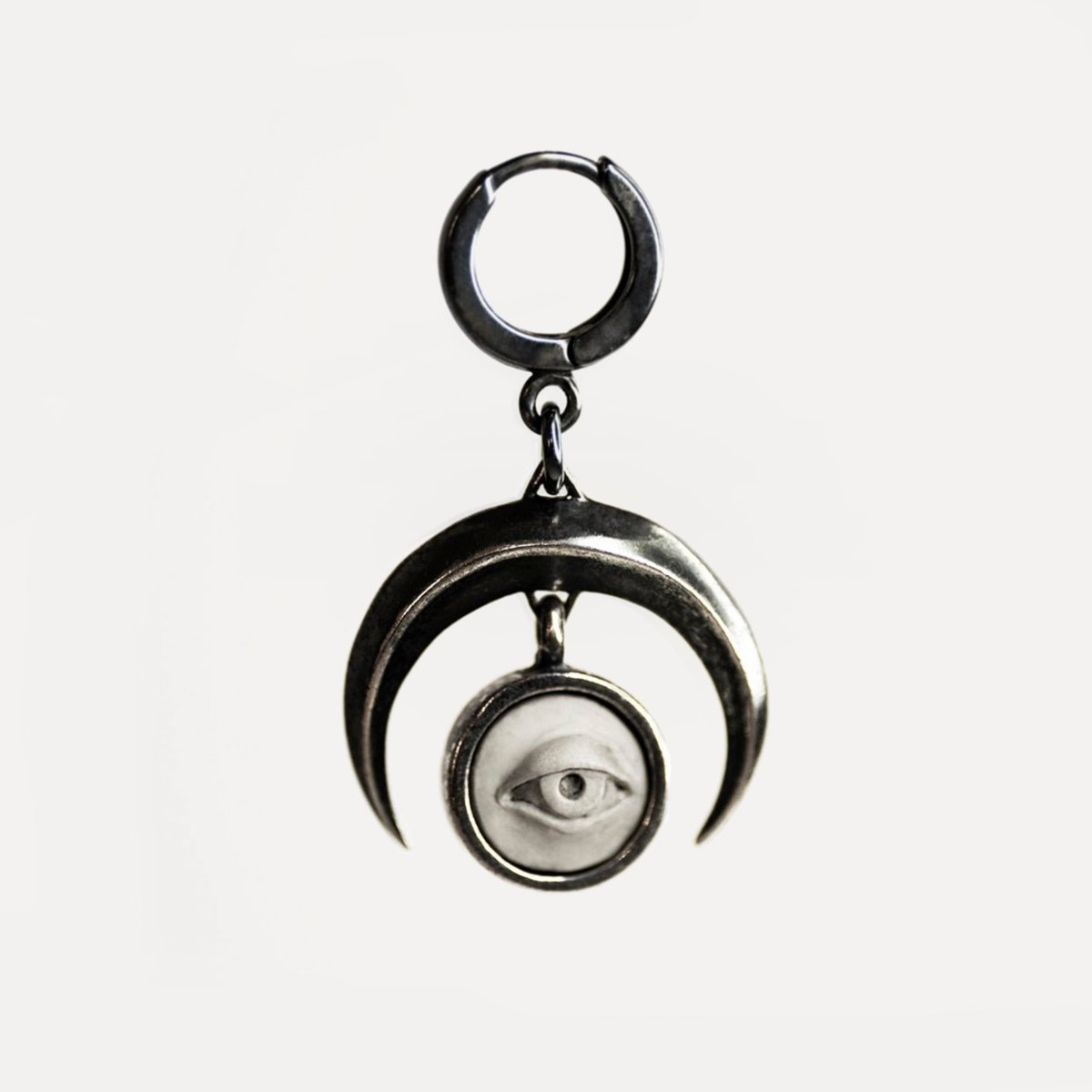 Crescent Oracle earring - sterling silver moon and eye dangle earring with huggie clasp