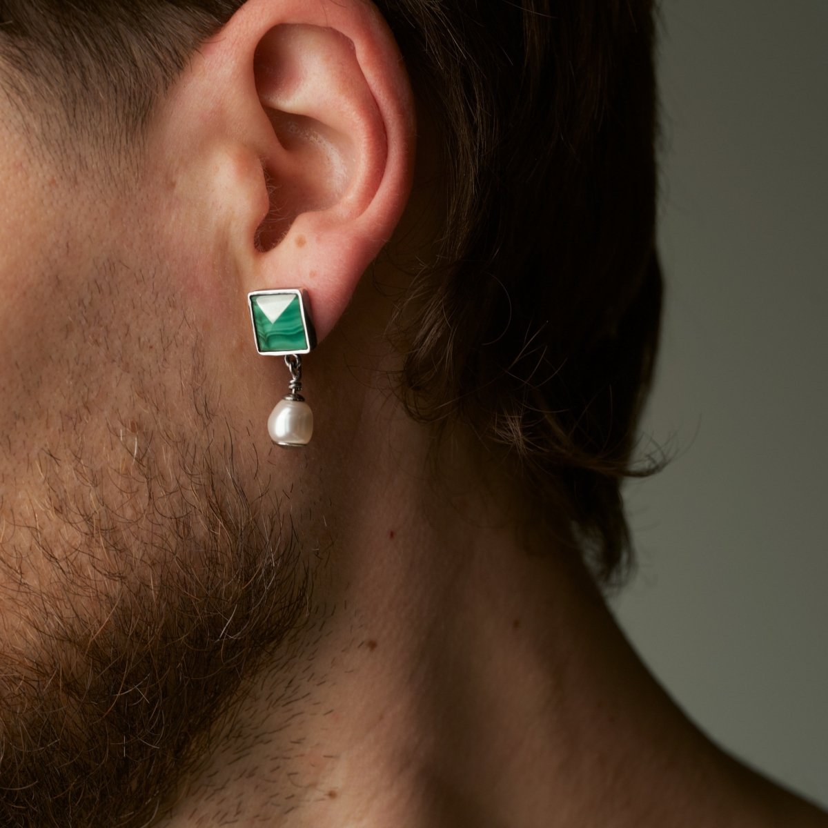 Male model wearing Malachite Studs earrings - natural green gemstone stud earrings - close-up