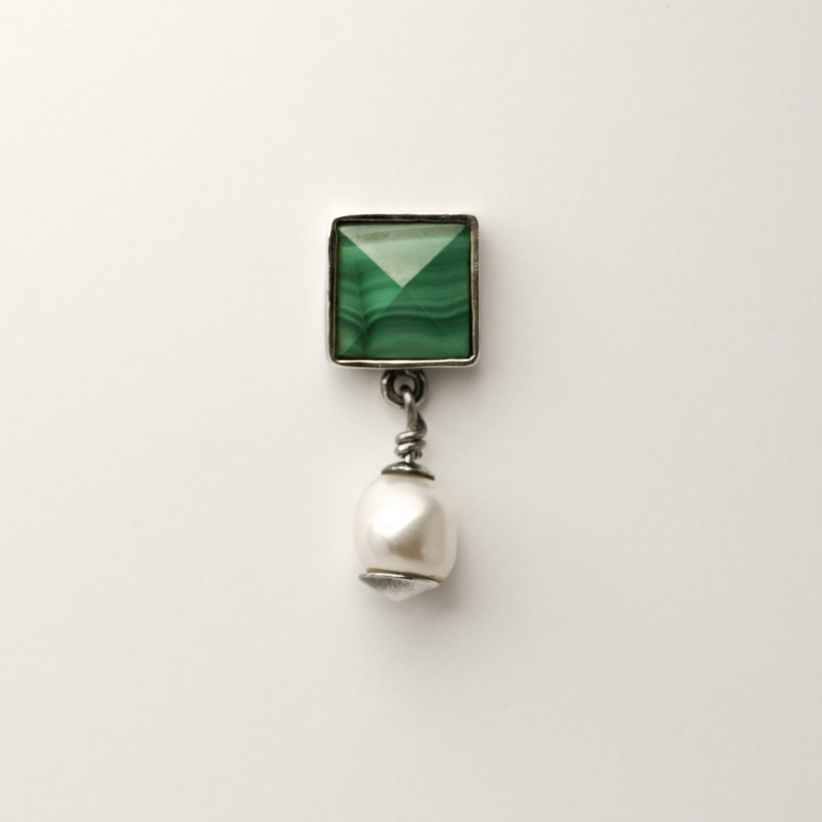 Malachite Studs earring - one piece - front view on neutral background, handcrafted natural stone jewelry detail