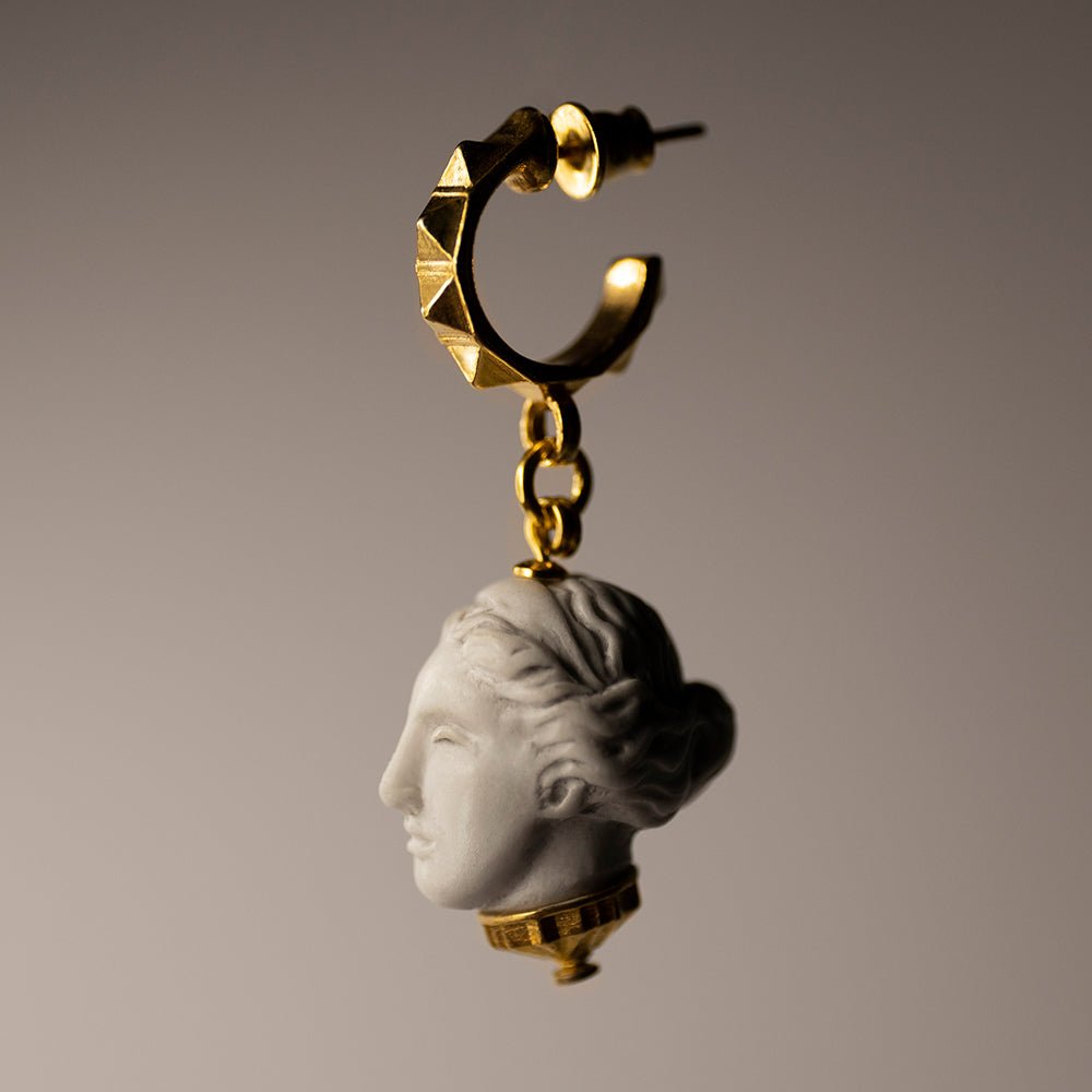 Artemis earring - miniature sculpted marble head on stud hoops in gold-plated silver