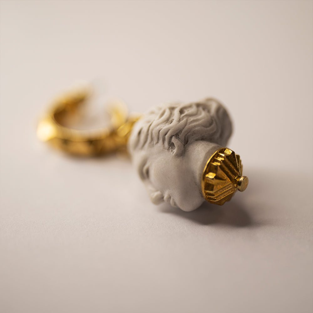 Artemis earring - miniature marble head on hoop stud lock, with geometric gold plated holder