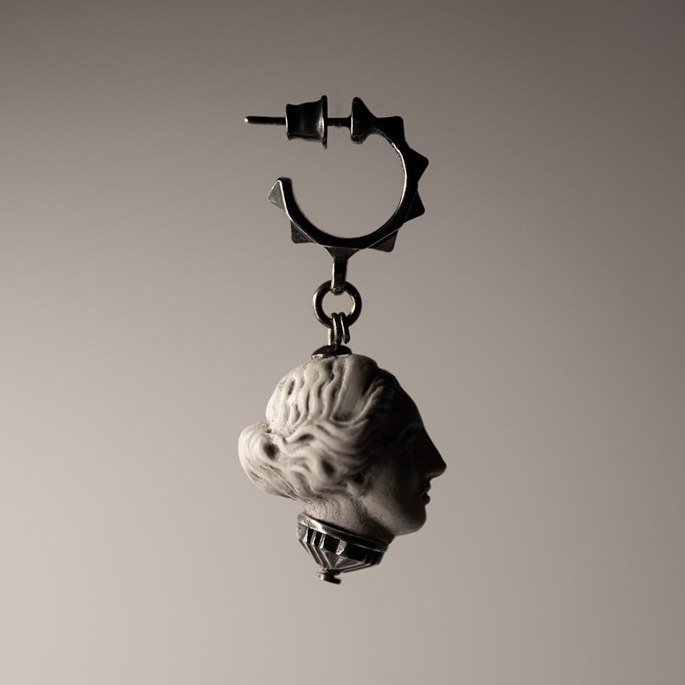 Artemis earring - miniature marble sculpted head on sterling silver stud hoop, on neutral background
