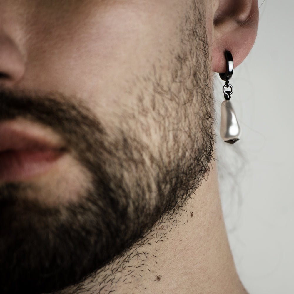 Male Mosel wearing Baroque Pearl Drop earring  - pearl earring styling shot