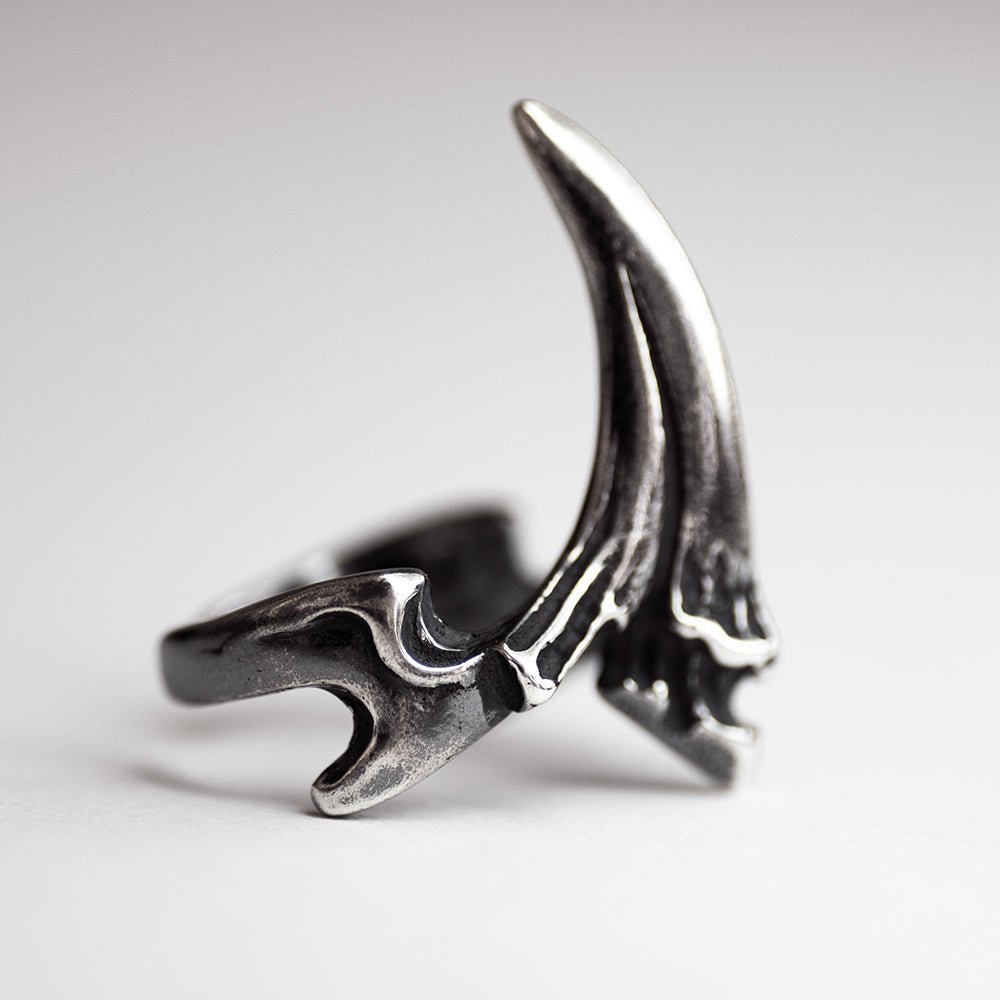 Claw phalanx ring - on a white surface, close up of sterling silver texture of the ring