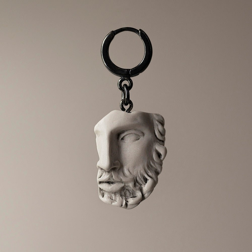 Heracles earring with sculpted marble fragment of Hercules face on sterling silver huggie clasp, Greek mythology jewelry
