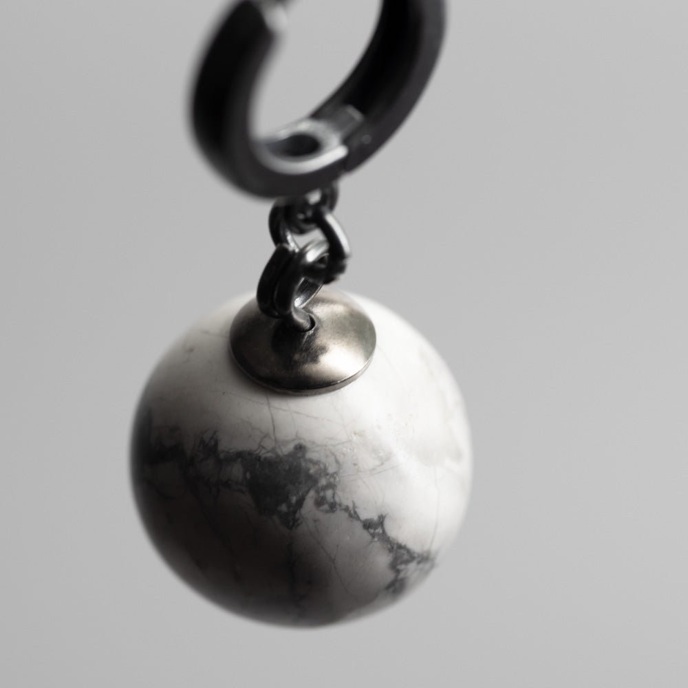 Marble Sphere earring - close up of howlite round bead, focus on marble pattern