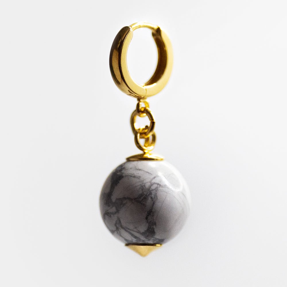 Marble Sphere earring - large round bead with marble pattern on gold-plated hoop