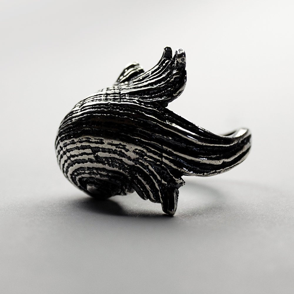 Silver Seashell ring - sterling silver gothic ring in a shape of a shell with texture resembling silvery crushing  waves on white surface