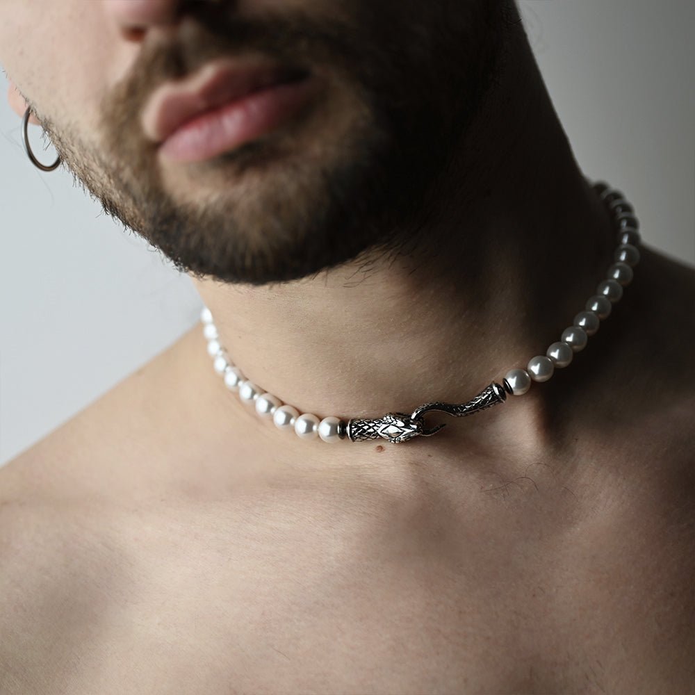 Ophidian Snake Choker on a male model with plum lips and a beard