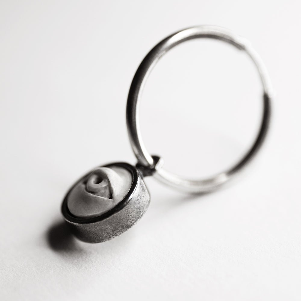 Oracle eye earring - close-up of eye element, focus on its texture and hand sculpted details