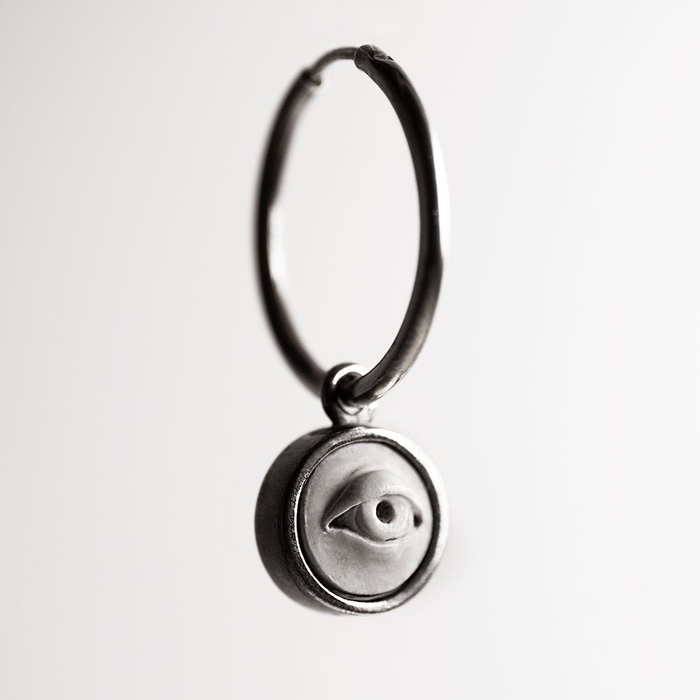 Oracle eye earring - marble eye relief in bezel holder on sterling silver hoop