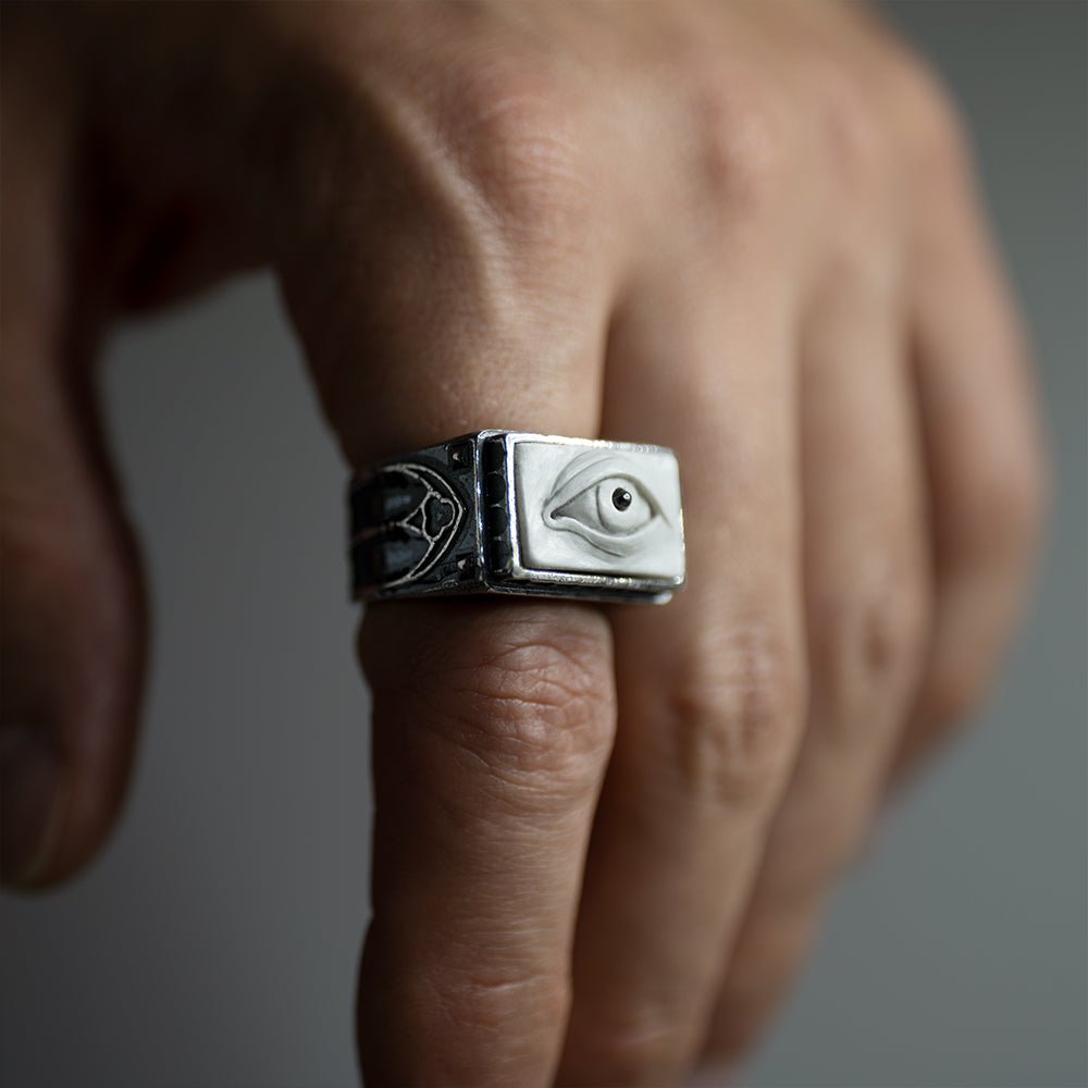 Oracle Gothic Eye Ring - white variant - on a model's hand, general view