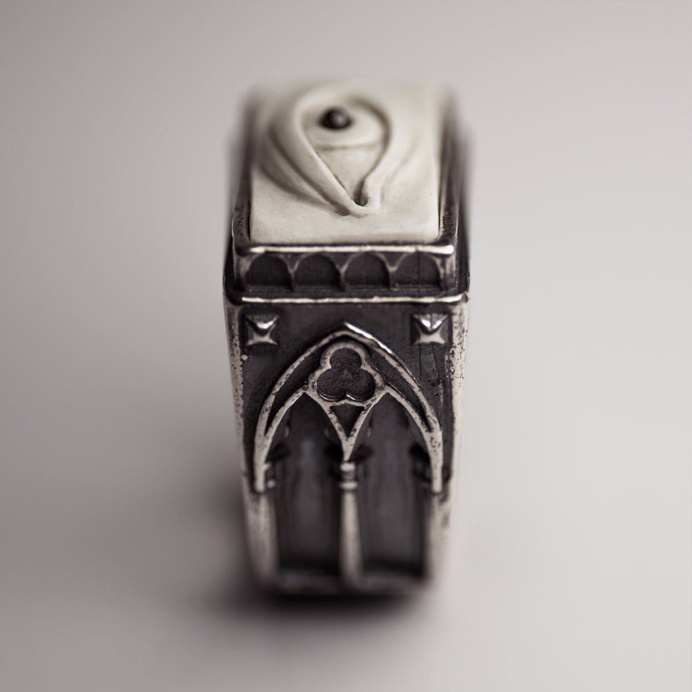 Oracle Gothic Eye Ring - white variant - side view with focus on Gothic arch element on a silver ring