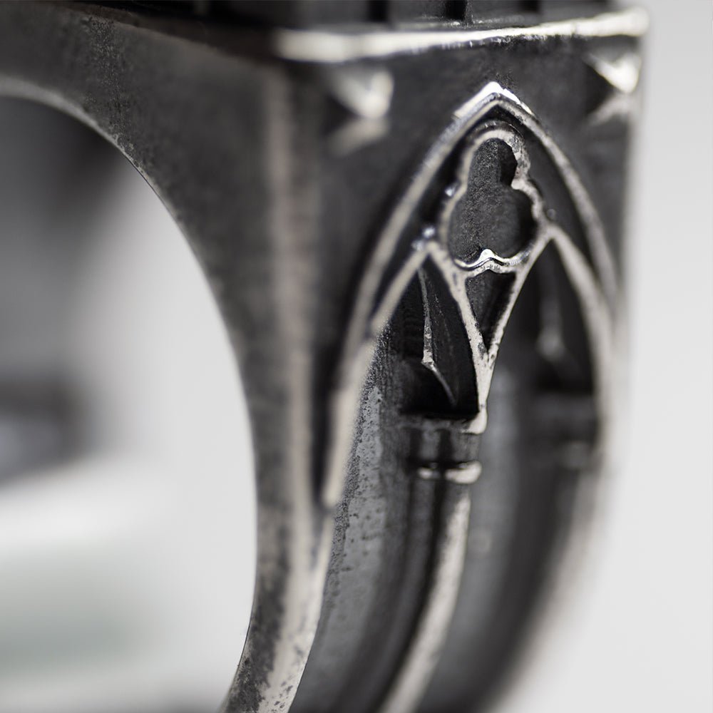 Oracle Gothic Eye Ring - close up of the sterling silver Gothic arch elements on the side of the ring