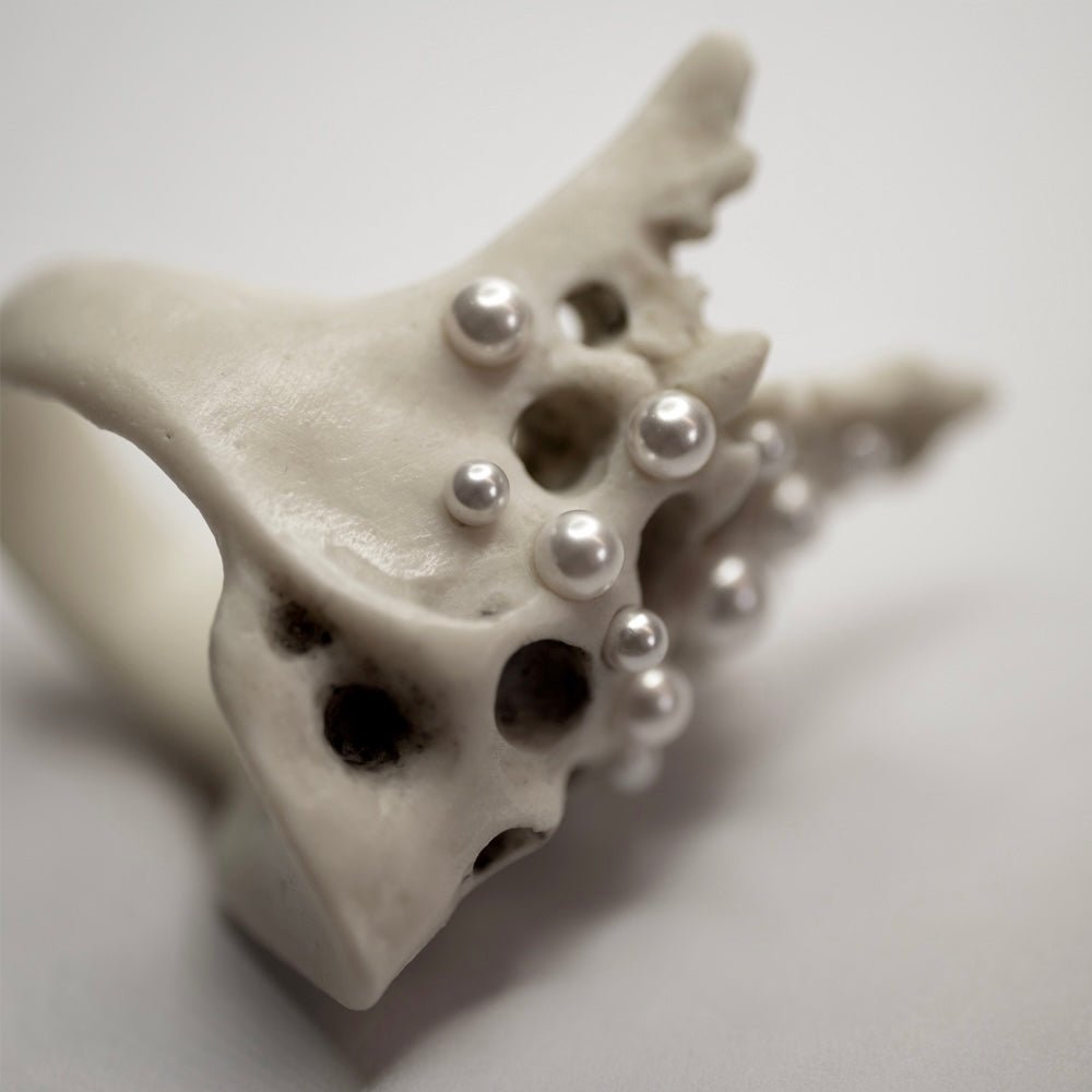 Pearl Crown Skull Ring - gothic ring in a shape of a skull wearing a crown with different size pearls on beige background