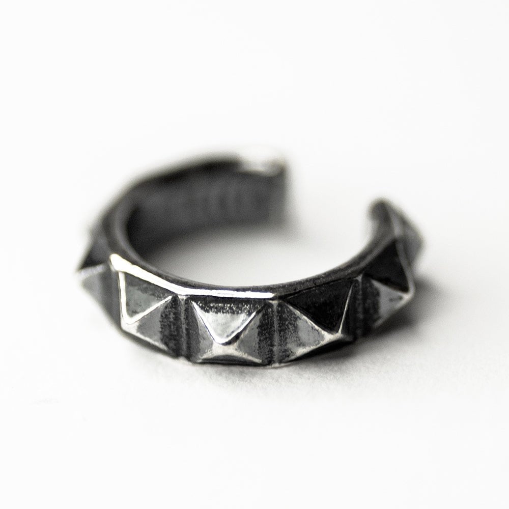 Pyramids ear cuff dainty sterling silver with geometric pyramid studs on white surface, no piercing required jewelry