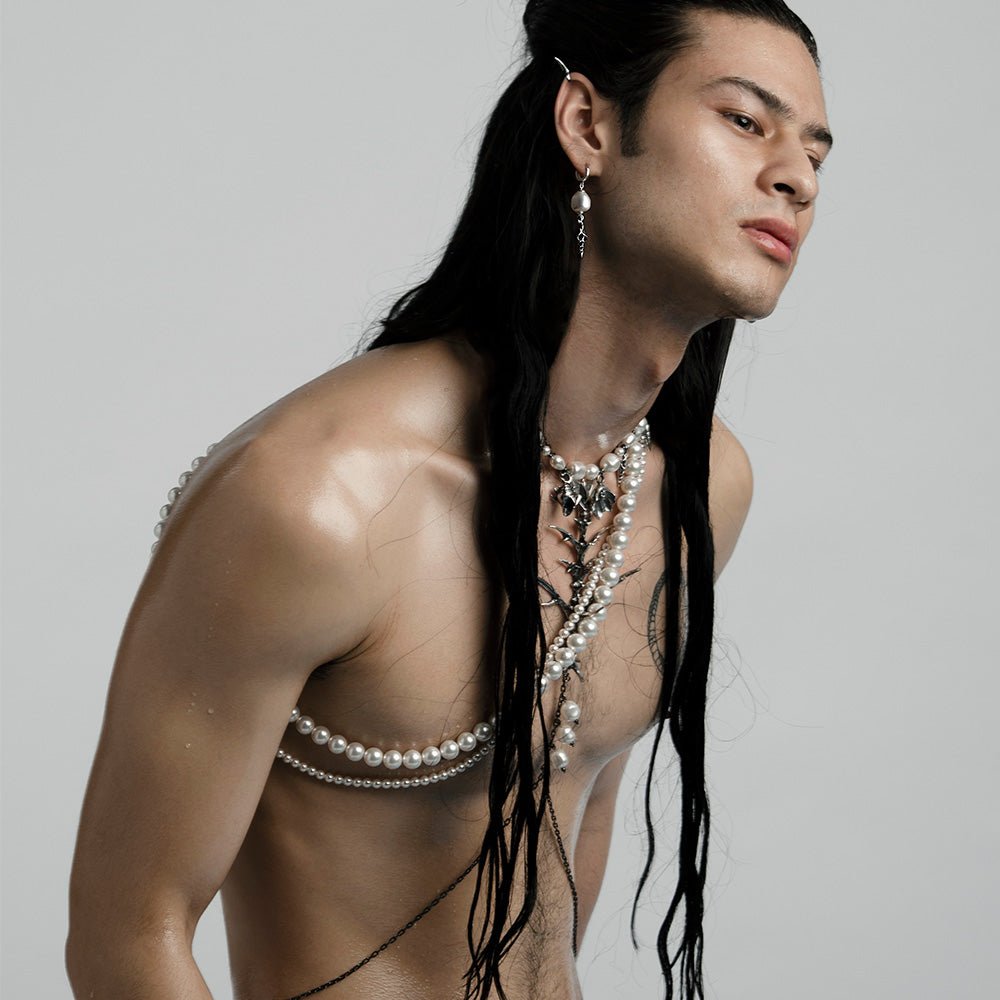 Silver Shells and Pearls choker on a male asian model with long black hair from fashion editorial for Siren collection by Macabre Gadgets