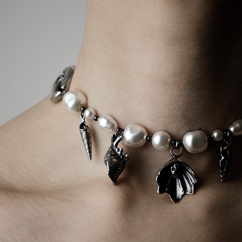 Silver Shells and Pearls choker on a model - close up, front view