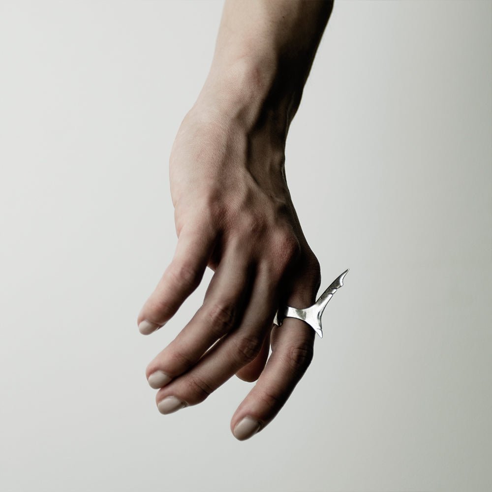 Femail model wearing Shark Tail ring - mermaid-core jewelry styling shot