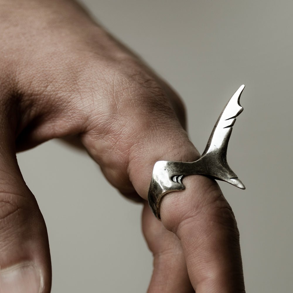 Shark Tail ring on a model's hand - siren-core jewelry styling shot